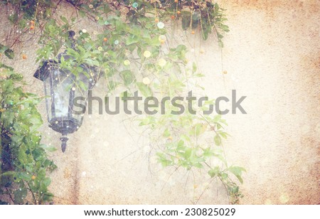 Antique Victorian Outdoor Wall Lamp surrounded by green leaves. filtered image. glitter lights background