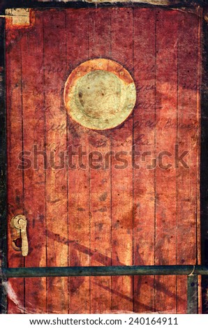 picture of old ship door with a round window. vintage style texture overlaid effect