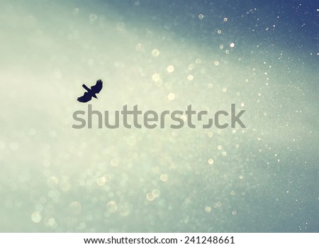 A bird spreading its wings and fly to heaven sky. retro filtered image with glitter