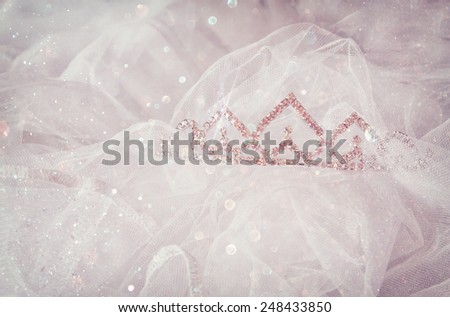 Wedding vintage crown of bride and veil with glitter overlay. wedding concept