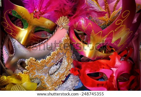 top view of colorful Venetian masquerade masks. retro filtered image