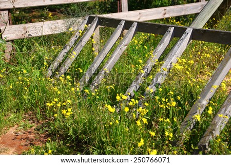 image of broken wooden fence in field of flowers