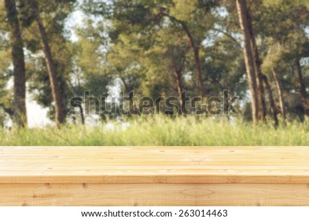 image of front rustic wood boards and background of trees in forest