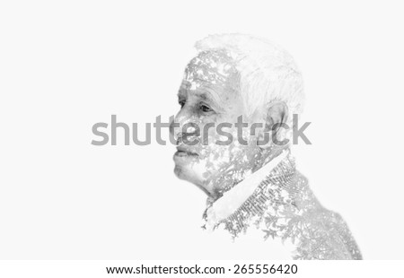 Double exposure portrait of senior man. black and white image, vintage effect