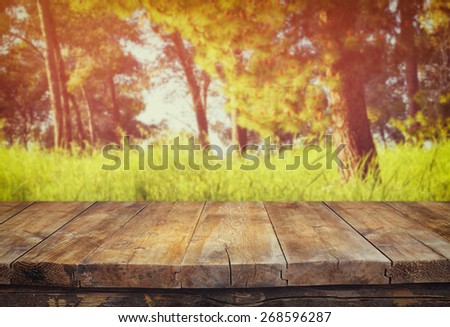 vintage wooden board table in front of dreamy forest landscape with lens flare.