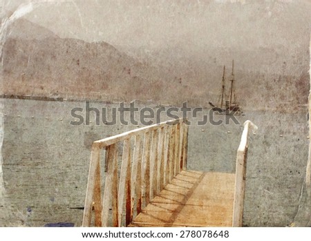 abstract image of one yacht at open sea. Old style photo.