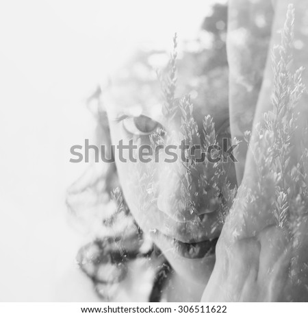 black and white abstract Double exposure image of romantic nature landscape and cute happy kid
