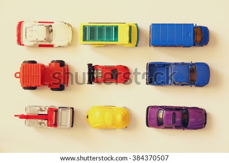 Set of various cars toys, top view image