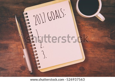 Top view 2017 goals list with notebook, cup of coffee on wooden desk