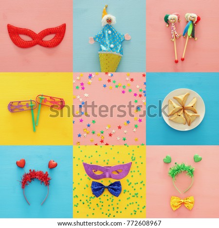 Collage of Purim celebration concept (jewish carnival holiday). Top view