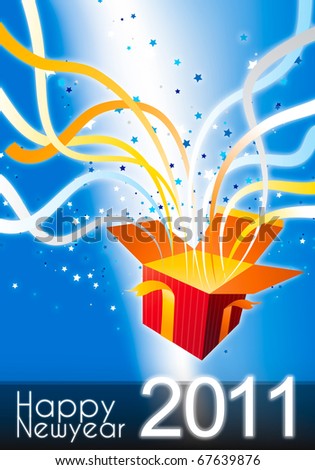happy new year 2011 surprise gift box with a lot of ribbon and star decoration