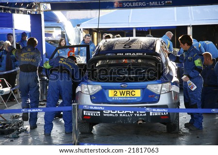 Petter Solbergs Subaru Impreza in Service Area, Wales Rally GB 2008