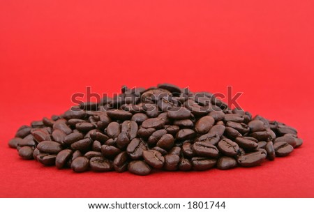 Coffee beans isolated on red, macro closeup, close-up with copy space