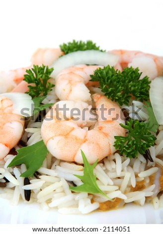 king tiger prawn shrimp on a bed of rice, macro isolated on white