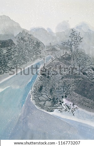 Chinese painting of snowing village