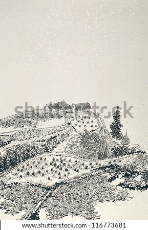 Chinese painting of snowing village