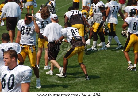 LATROBE, PA  JULY 29, 2008: Pittsburgh Steelers team practicing at training camp at St. Vincent College in Latrobe Pennsylvania for the 2008 2009 football season on July 29, 2008.