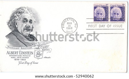 USA - CIRCA 1966: Vintage envelope and stamps in honor of Nobel Prize Winner Albert Einstein with inscription \
