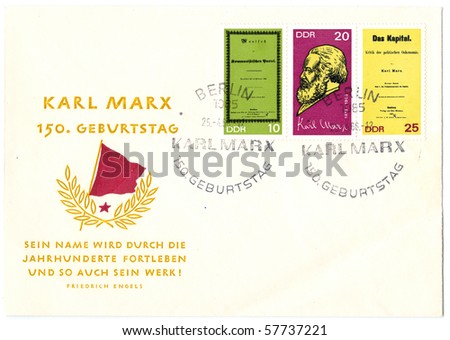 GERMANY, DDR, CIRCA 1968: Vintage envelope and stamps in honor of the Karl Marx 150 birthdays with inscription \
