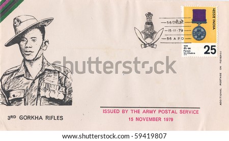 INDIA, CIRCA 1979: Vintage Indian envelope and stamp in honor of the Army Postal Service with inscription 