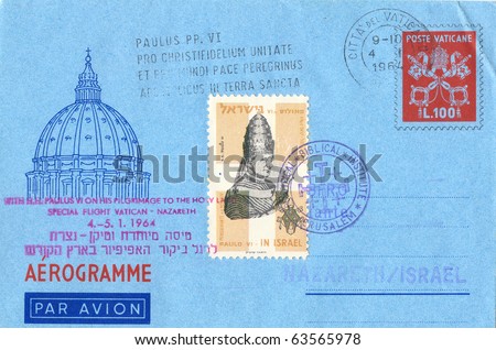 VATIKAN-ISRAEL - CIRCA 1964: A used envelope in honor of visit Pope Paul VI (Paulus VI) on his pilgrimage to the Holy Land with inscription \