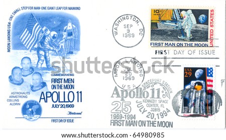 USA - CIRCA 1994: A vintage used envelope (campaign poster) and stamps shows pictures of human flight to the Moon with inscription \