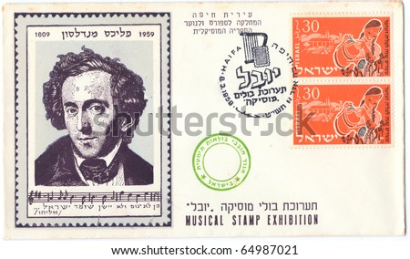 ISRAEL - CIRCA 1959: A vintage used envelope (campaign poster) and stamp showing portrait of composer Felix Mendelssohn with inscription \