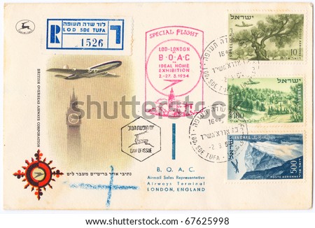 ISRAEL - CIRCA 1954: A vintage used Israeli envelope (campaign poster) and stamps showing a plane and Big Ben tower with inscription 