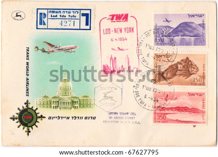 ISRAEL - CIRCA 1954: A vintage used Israeli envelope (campaign poster) and stamps showing a plane and Big Ben tower with inscription \