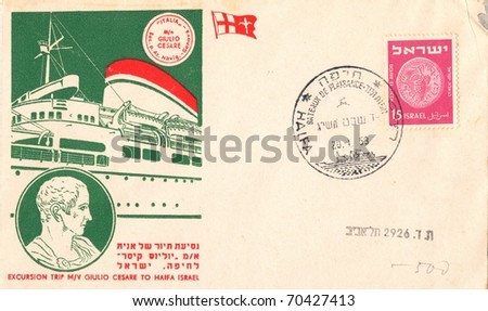 ISRAEL - CIRCA 1953: An old used envelope (campaign poster) and stamps showing the excursion ship and portrait of Caesar with inscription \