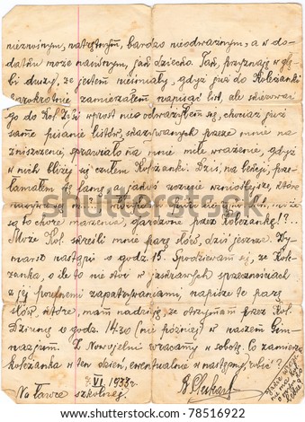 Fragment of an old handwritten letter, written in Polish in 1933. Rich stain and paper details. Can be used for background.