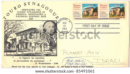 USA - CIRCA 1982: An old used United States of America envelope (campaign poster) and stamps issued in honor of the Touro Synagogue with inscription \