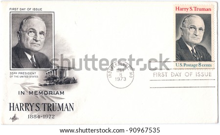 USA - CIRCA 1973:  An old used USA envelope and stamp issued in honor of the 33rd President of USA Harry S. Truman with inscription \