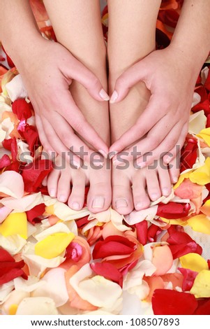 Neat tidy and clean hands and feet which are well manicured in a spa, resting on a bed of rose petals and making a red heart with hands.