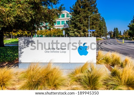 CUPERTINO, CA, USA - NOVEMBER 12, 2013: Apple Campus One Infinite Loop sign at Apple Inc Headquarters seen on November 12, 2013, California, USA.