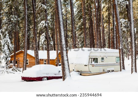 RV campsite in snow, Custer State Park, S. Dakota