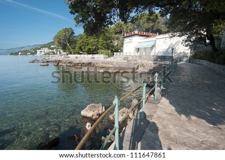 Adriatic Sea scenic view from quay of Opatija, a touristic town on Croatian coast.