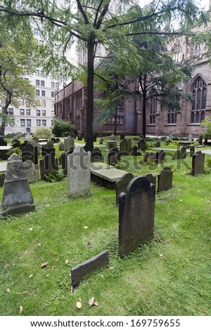 NEW YORK, USA - OCTOBER 28: Graveyard at The Trinity Church of the Ascension in New York City near Union Square Park, New York City on October 28, 2013.