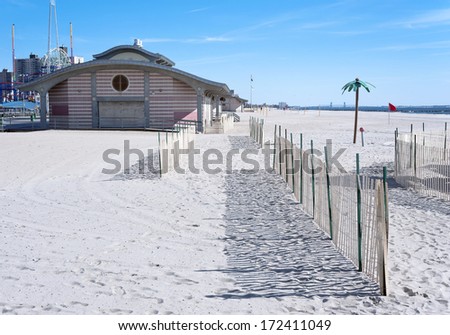 Coney Island Beach fence with artificial plam tree, Brooklyn, New York City