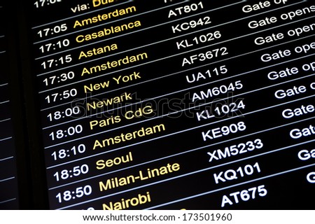 Departures display board at airport terminal showing international destinations flights to some of the world\'s most popular cities. Business or leisure travel concept
