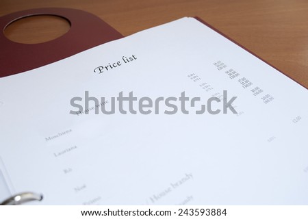 Priece list in Hotel Room info book