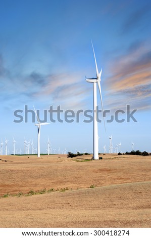 Wind Turbines Farm in California Sunset, Renewable Energy