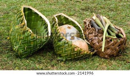 Coconut palm baskets containing produce