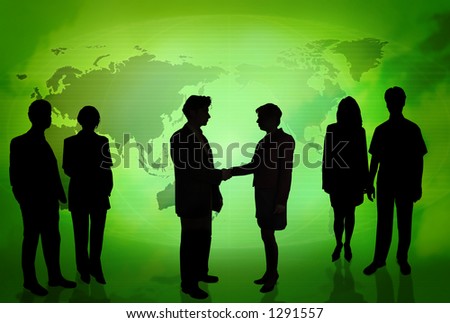 Business people doing different things in front of a world map GREEN