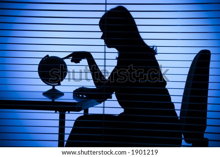 isolated on blue silhouette of woman with globe (office + blind)