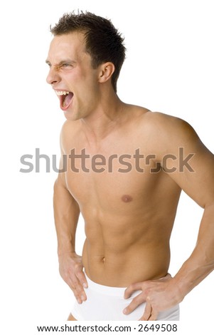 Young muscular man's screaming. Front-side body view. Isolated on white in studio.