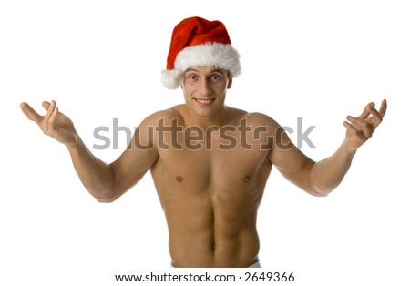 stock photo Waistup portrait of nacked man with Santa's cup Isolated on