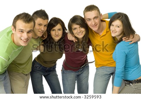 stock photo Group of 6 smiling teenagers embracing themselves