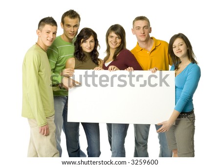 stock photo Group of 6 teenagers holding white blank board
