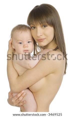 stock photo Young naked mother holding and hugging baby boy
